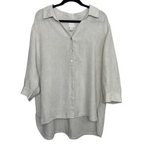 Chico's 100% Linen Size 3 (XL) Cream Beige Button Down Tunic Shirt Half Sleeves